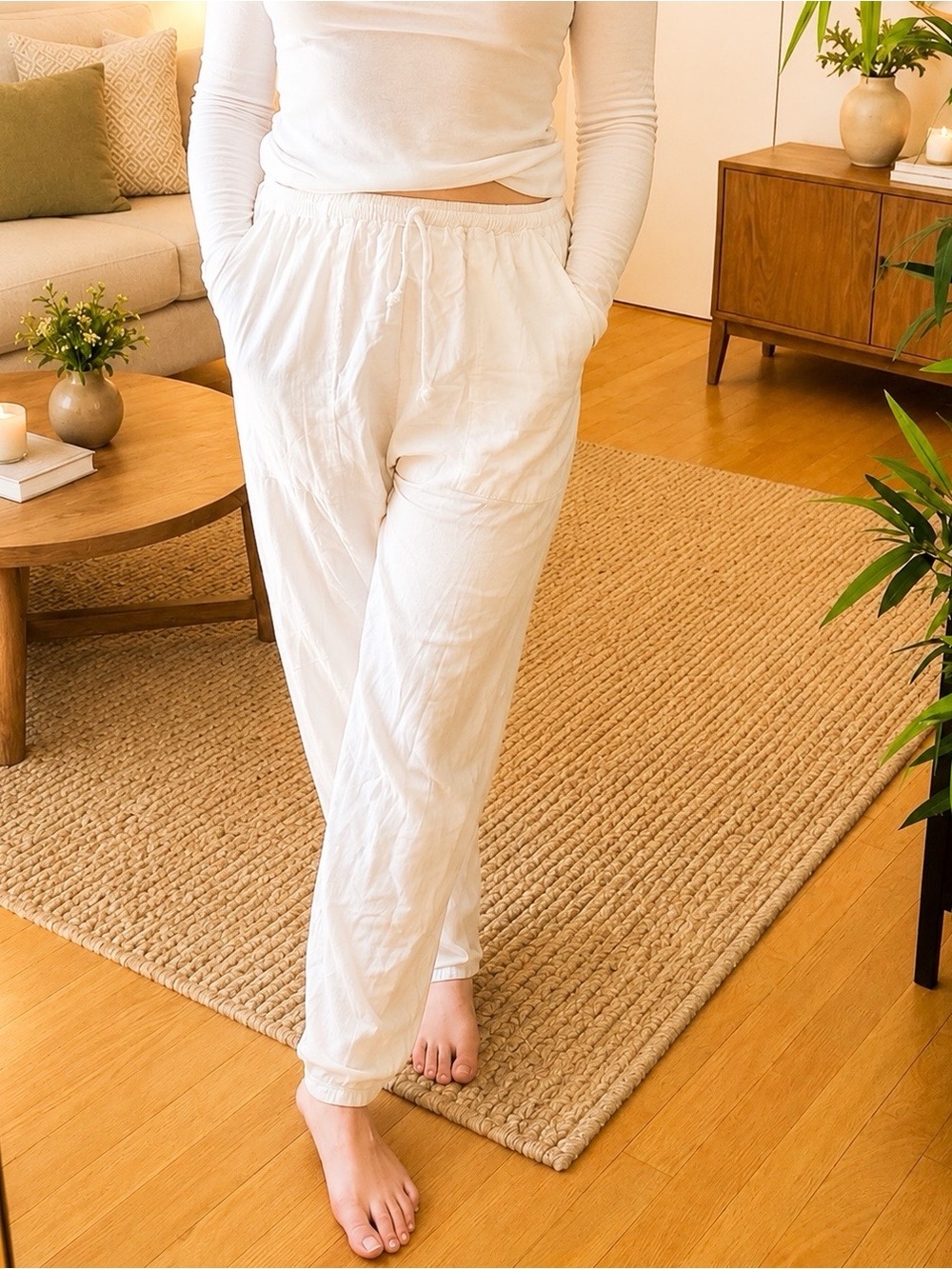 100% Cotton Casual Drawstring Pants in Off-White